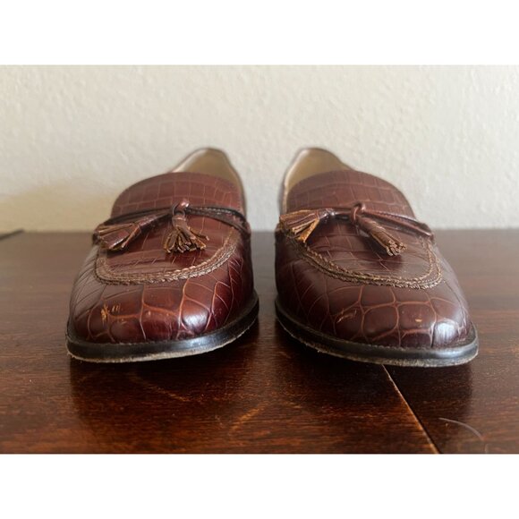 Talbots Womens Loafers Shoes Sz 7M Brown Tassel Leather Croc Embossed Italy - Picture 12 of 14